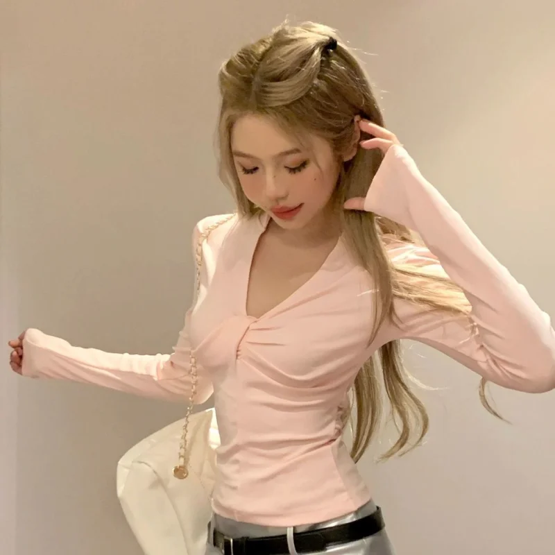 가을 여성용 핑크 브이넥 긴팔 티셔츠 고급 패션 슬림핏 이너 탑
