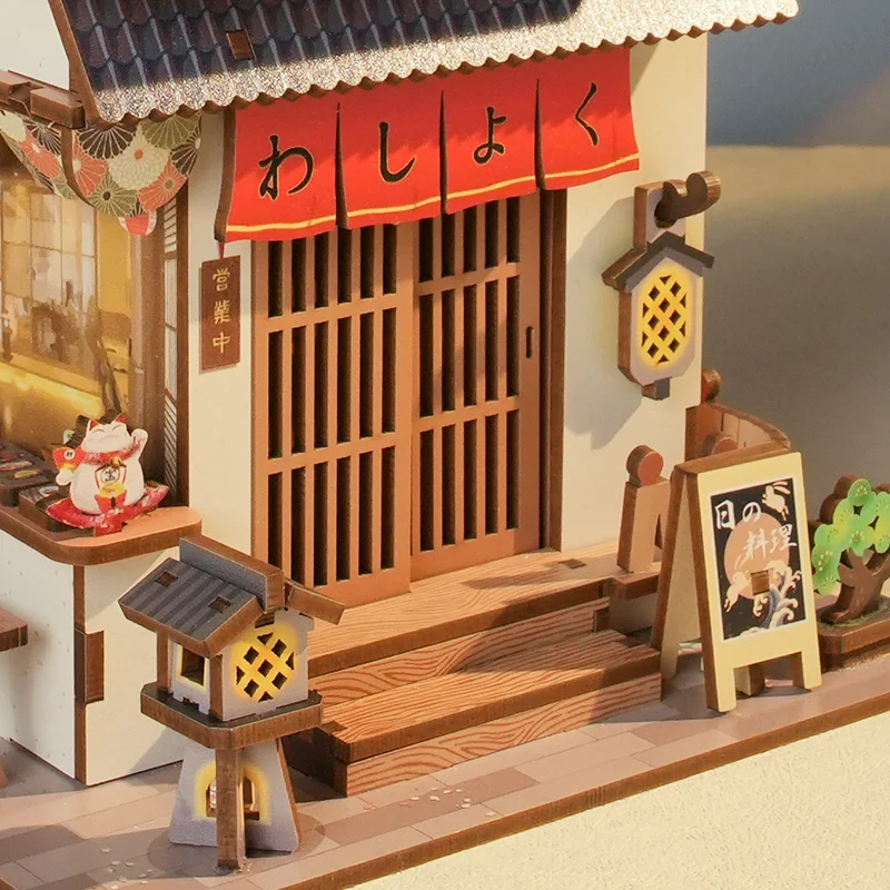 Diy 3d quebra-cabeça de madeira restaurante japonês caixa armazenamento desktop kits modelo em miniatura casa quebra-cabeças para amigos presentes aniversário