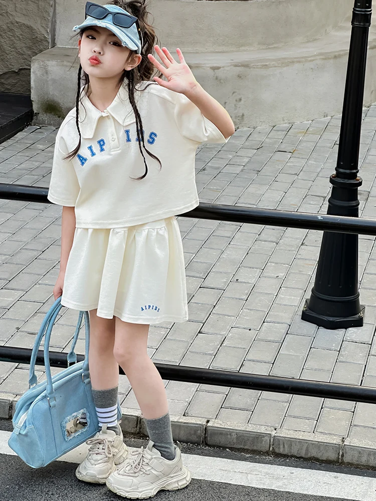 Conjunto de Saia Plissada com Poás para Meninas, Vestido  de Manga Curta, Conjunto de Duas Peças, Estilo Coreano, Roupa I...