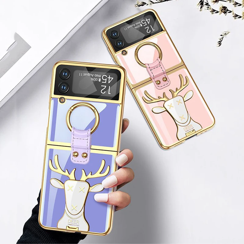 

Case For Samsung Galaxy Z Flip 4 Elk Cartoon Bracket Creative Solid Color Plating Ring Buckle Hard Mobile Phone Case Cover