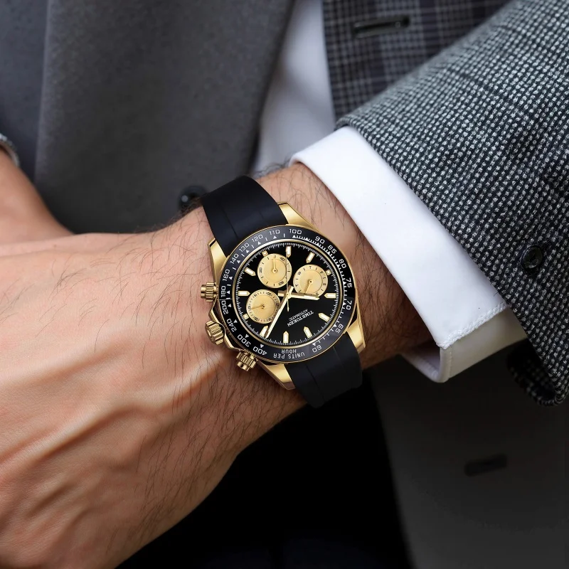 TIME TOKEN 40mm Men's Mechanical Watch V2 Sapphire Retro Chronograph Stainless Steel 100M Waterproof