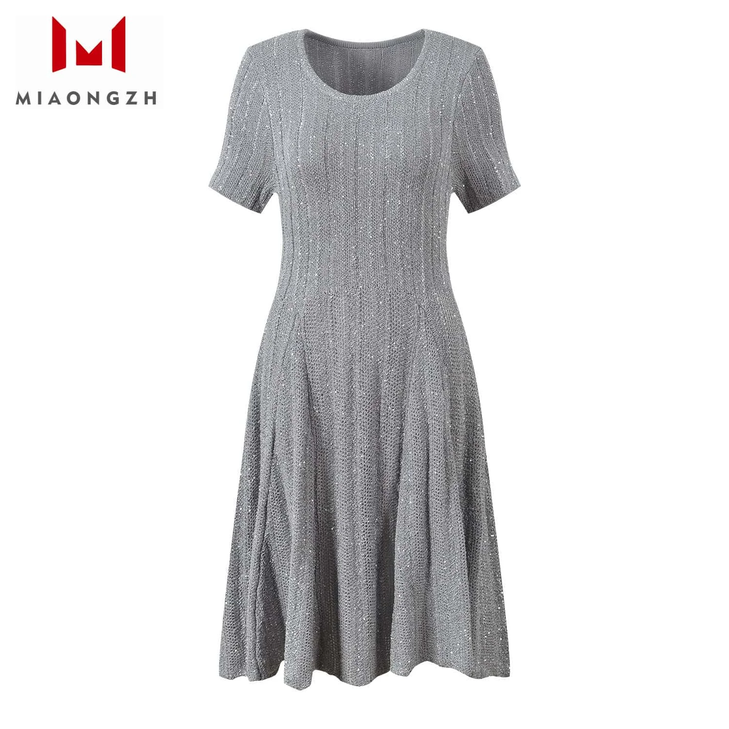 

High Quality 2025 New For Women Knitted Dress O Neck Short Sleeve Spliced Sequins Temperament Slim Elegant Female Party Dresses
