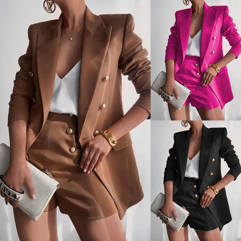 BAMBOOBOY Office Lady Women Blazer Suits Long Sleeve Turn-Down Neck Blazer+ Shorts Summer Street Wear 2 Pieces Sets with Button