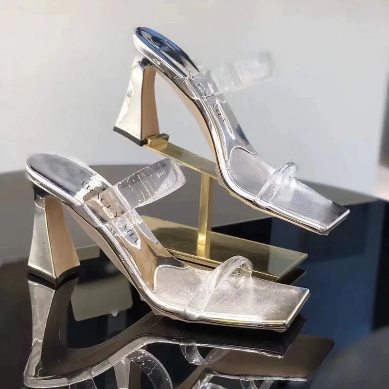 

Simple Chunky Heel Open Square Toe Transparent Sandals Silver Patent Leather Pumps Women Shoes Sandalias Mujer Verano