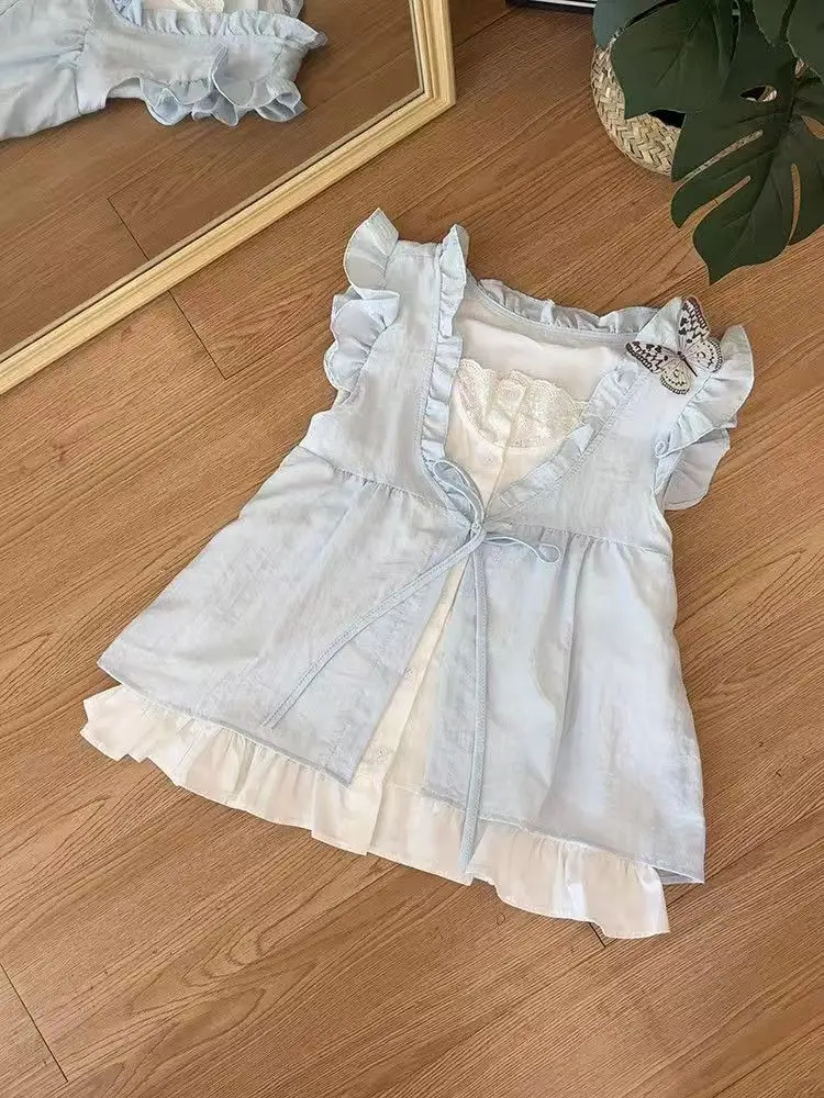 

Summer Sweet Loose Sleeveless Tees Women Fashion Casual Lace Up Patchwork T-shirts Vintage Design New Fake Two Pieces Outfits