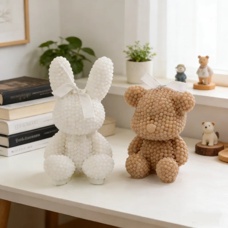 Charmante Perlen-Textur Hasen- & Bären-Silikonformen 3D Niedliche Kaninchen mit Haus/Hase mit Blume Tier-Designs DIY Duftkerze