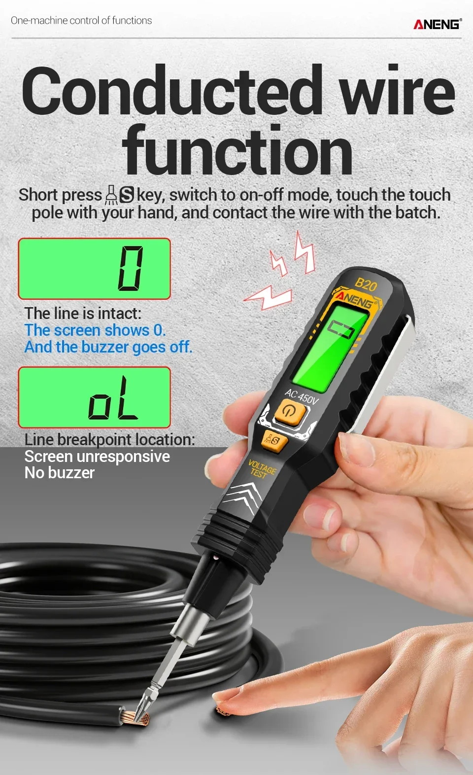 ANENG B20 Doppelkopf-Schraubendreher, intelligente Erkennung, 11 V ~ 450 V AC-Spannungserkennung, Schlitz-Kreuz-Digital-Meter-Teststift mit doppeltem Verwendungszweck – Detail 8