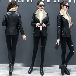 Women's Leather Jacket Turn Collar Thicken Plus Velvet Fur One Moto & Biker Female Jacket Women Winter Jacket Oversize