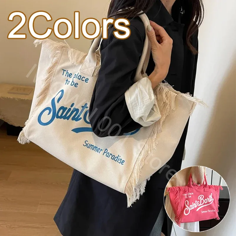 2024 Summer New Hot Selling Canvas Solid Color Women\'s Bag Large Capacity Printed Letter Tassel Splicing High-quality Handbag