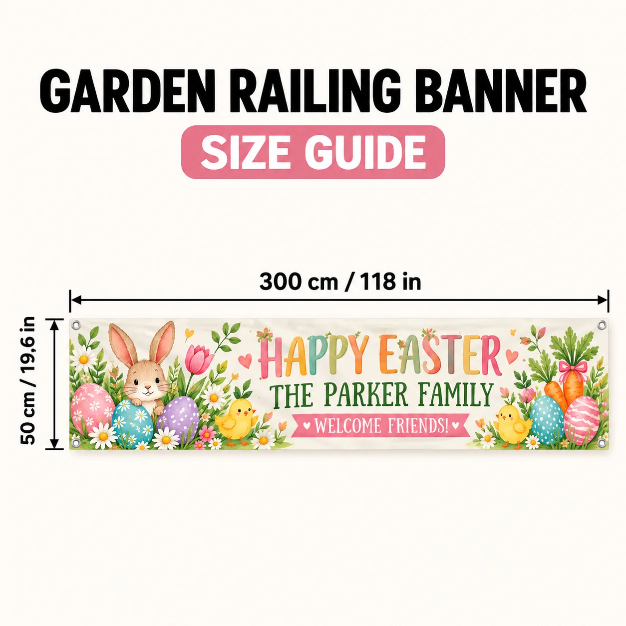 Personalized Fence Banner Custom Garden Railing Flag 50x300cm Polyester with 4 Corner Grommets for Easter Spring Porch DIY Decor
