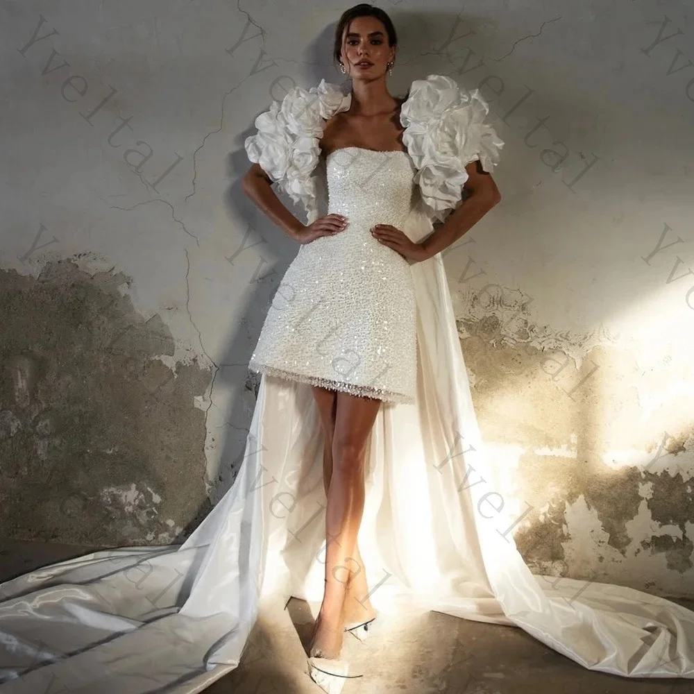 Customized Graceful Temperament Luxury Mini Wedding Dresses Handmade Flowers Sleeves Beading Charming Short Bridal Gowns