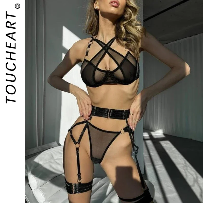 

Toucheart Sexy Lingerie Set For Women Mesh Splicing Metal Ring Sling Steel Ring Push-up Strap Girdle Sexy Garters Underwear Set