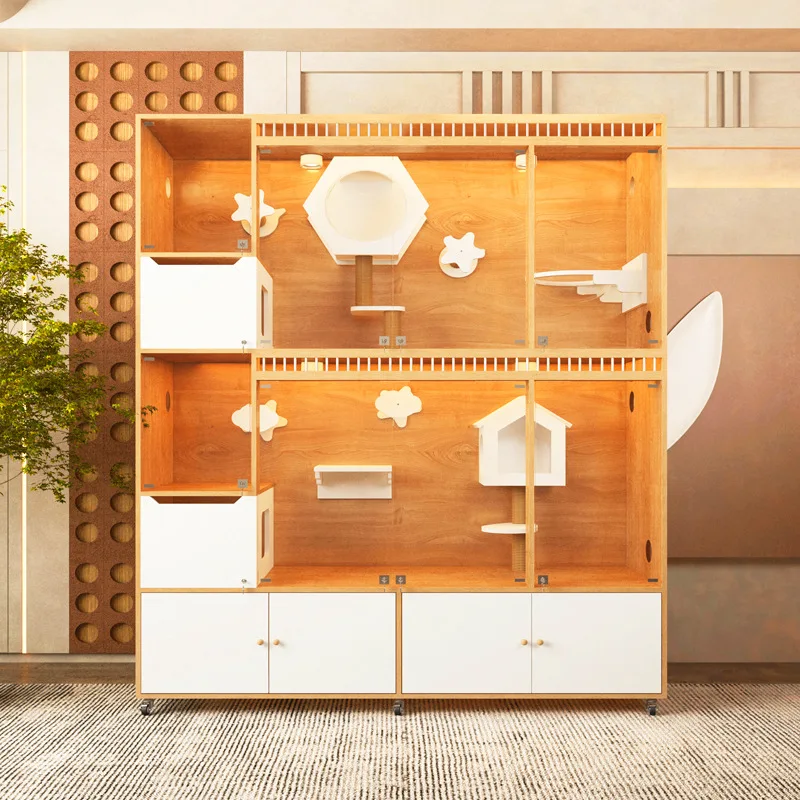 

Клетка для кошек из цельного дерева, дворец, витрина для зоомагазина, домашнее гнездо, кошачий домик, двухслойный трехслойный водонепроницаемый