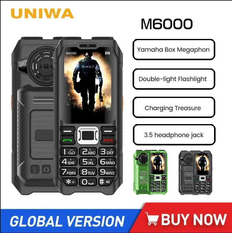 UNIWA M6000 ponsel fitur 2G, Power Bank ponsel 2.3 inci Radio FM MP3 perekam suara senter Keyboard besar ponsel untuk orang tua