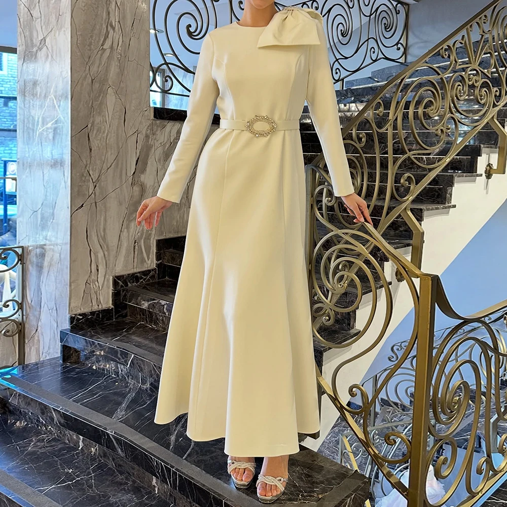 

Customized A-line Evening Dresses Ankle-length O-neck Full Sleeve Prom Gown Fashion Bow Crystal Sashes Simple Draped Party Gown