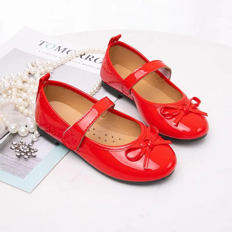 2023 New Kids Shoes Childrens Bowknot Princess Shoes Girls Flat Leather Shoes black red Spring Autumn For 3 4 5 6 7 8 9-15T