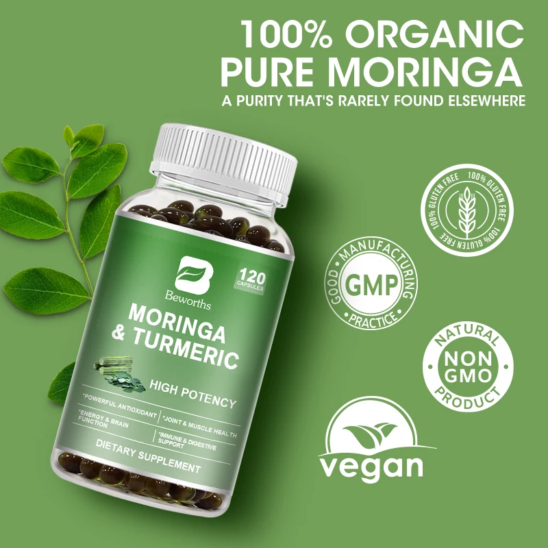 BEWORTHS Organic Moringa & Turmeric Capsules | Support Immune System, Healthy Circulation, Supports Eye, Brain &Digestive Health