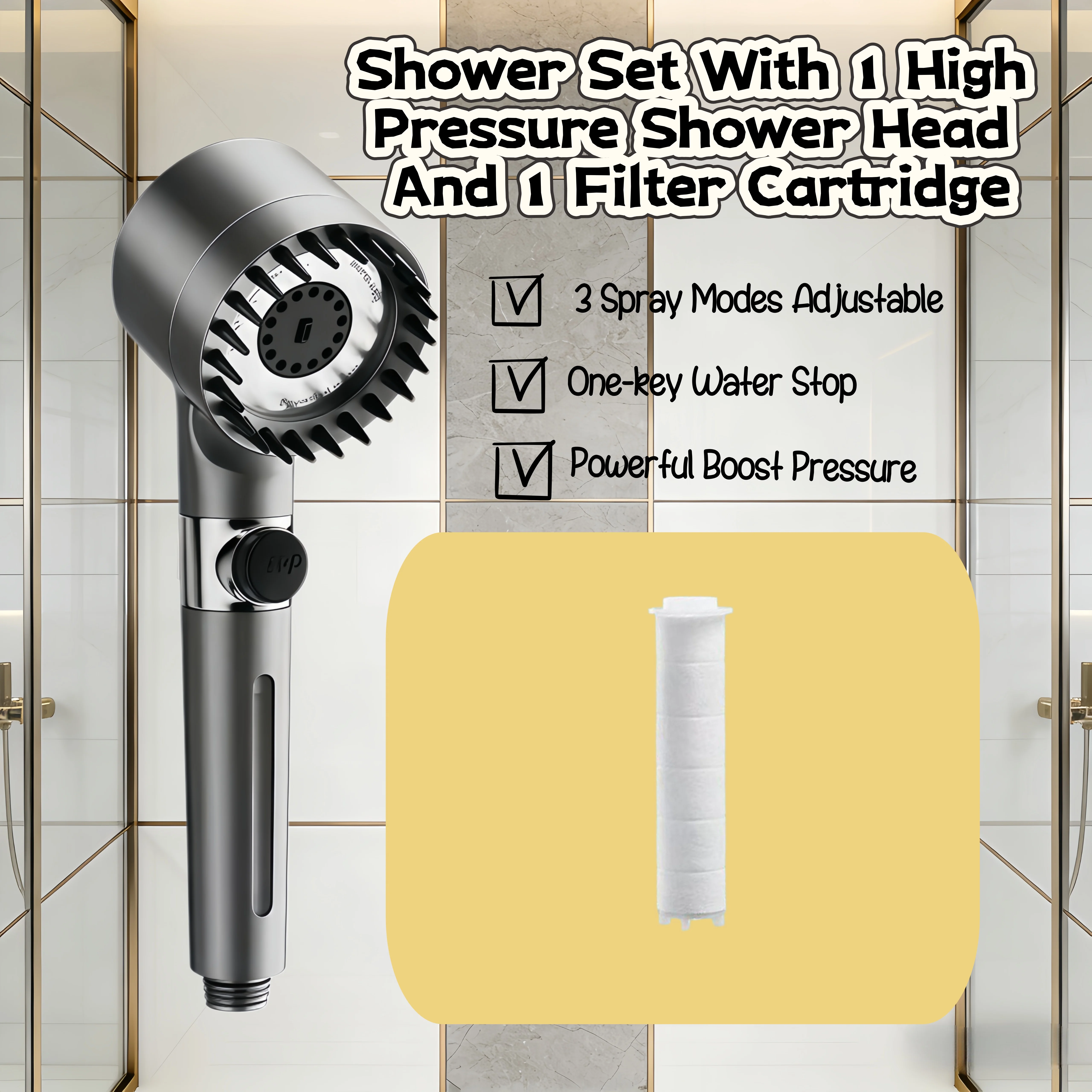 

Портативная душевая лейка с фильтром, высоконапорная, 3 режима, с функцией фильтрации, идеально подходит для жесткой воды, с кнопкой включения/выключения