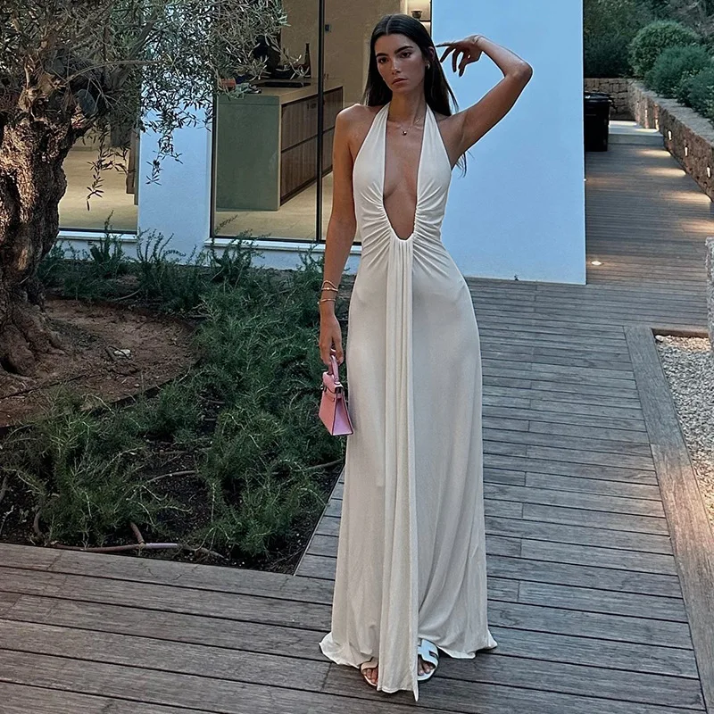 

Women Solid Ribbon Halter Backless Maxi Evening Party Dress Sexy Deep V-neck Sleeveless Bodycon Club Long Robe Holiday Outfits