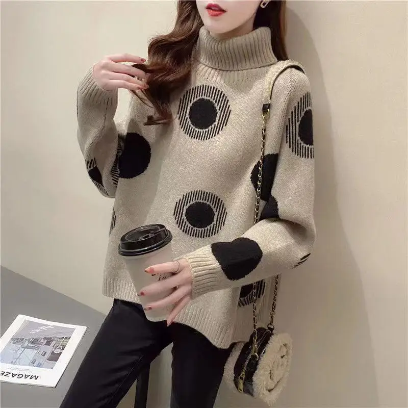 

Autumn Winter Turtleneck Screw Thread Women's Pullover Solid Polka Dot Striped Long Sleeve Sweater Knitted Casual Elegant Tops