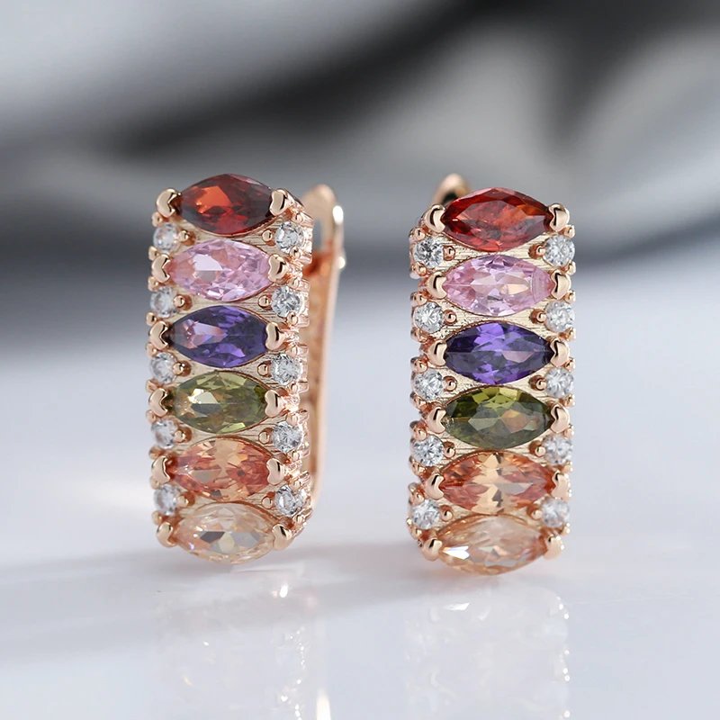 Luxury Double White Zircon With Multicolor Zircon Women's Earrings 585 Rose Gold English Lock Earrings Party Fashion Jewelry