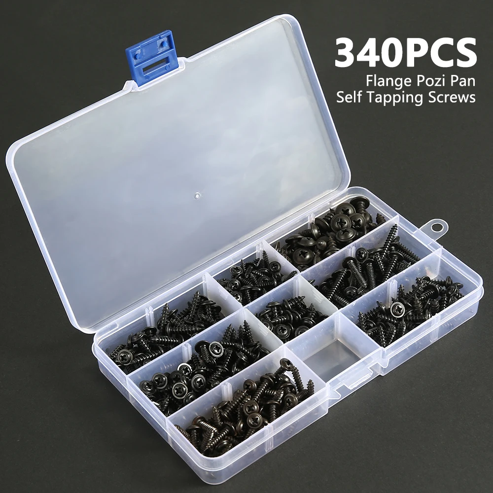 280/340Pcs Self-tapping Screw Metal Sorting Kit M3 to M4.8 Pozi Flange Pan Head Kit Cross Truss Head Screws for Building Repair