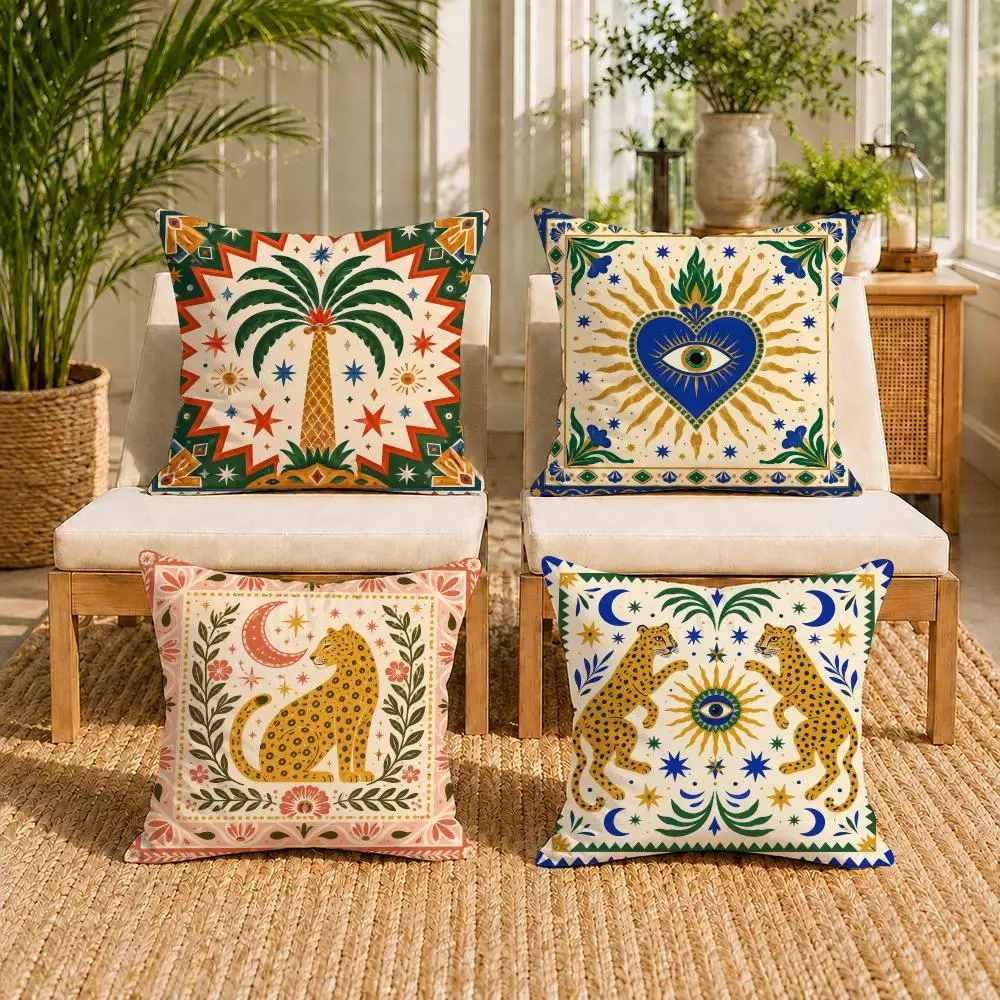 Minimal Boho Sun Leopard Palm Tree Cushion Cover Double-Sided Plush Sofa Cushion Covers Organic Breathable Invisible Zipper