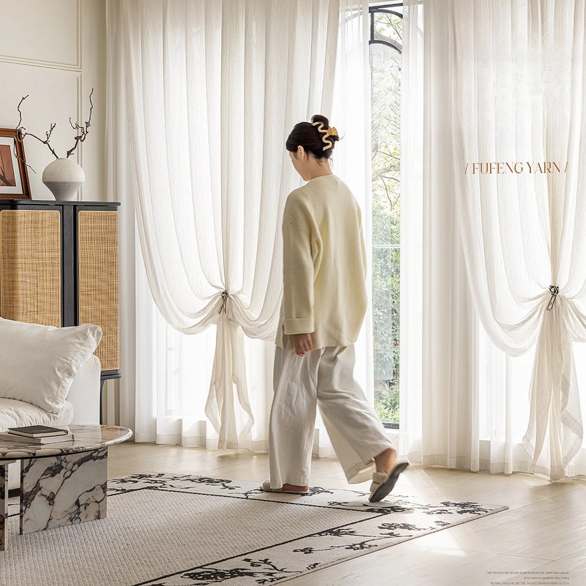 Medieval Style Fufeng Gauze Curtain Linen Black Edge Jacquard Line Weaving Texture Curtains for Living Dining Room Bedroom