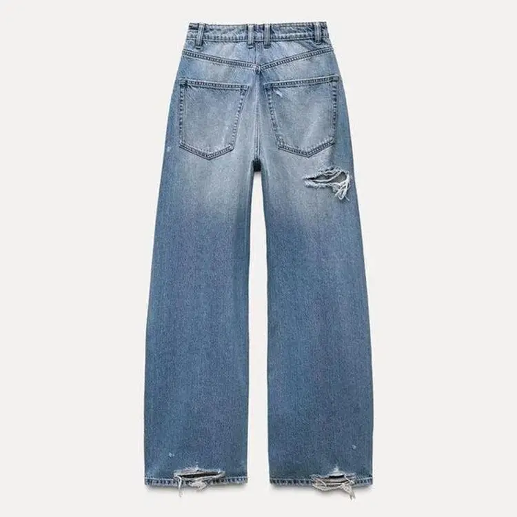 Lente nieuwe collectie dames losse mid-taille denim jeans decoratief gat casual sle lange broek comfortabele pasvorm damesjeans