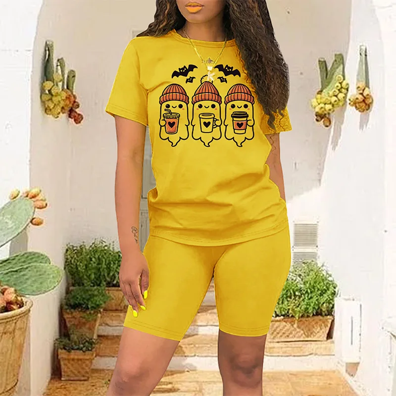 2024 Cute Coffee Ghosts Women's Two Piece Set Summer New Fashion Casual Short Sleeve Shorts Printed Set Women