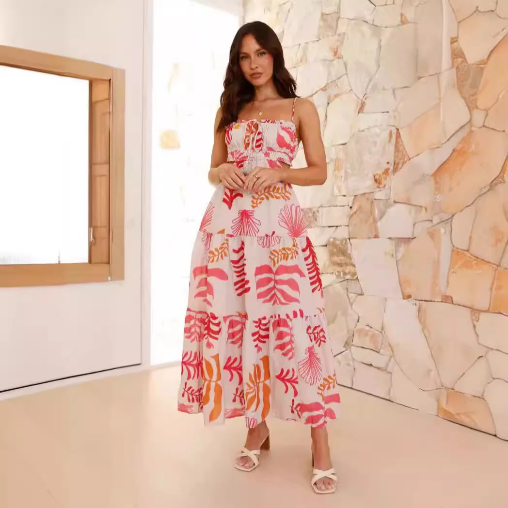 

2025 Summer Women Flowy Long Dress Spaghetti Strap Cut Out Backless Ruffle A-line Dress Bohemian Party Holiday Casual Sundress