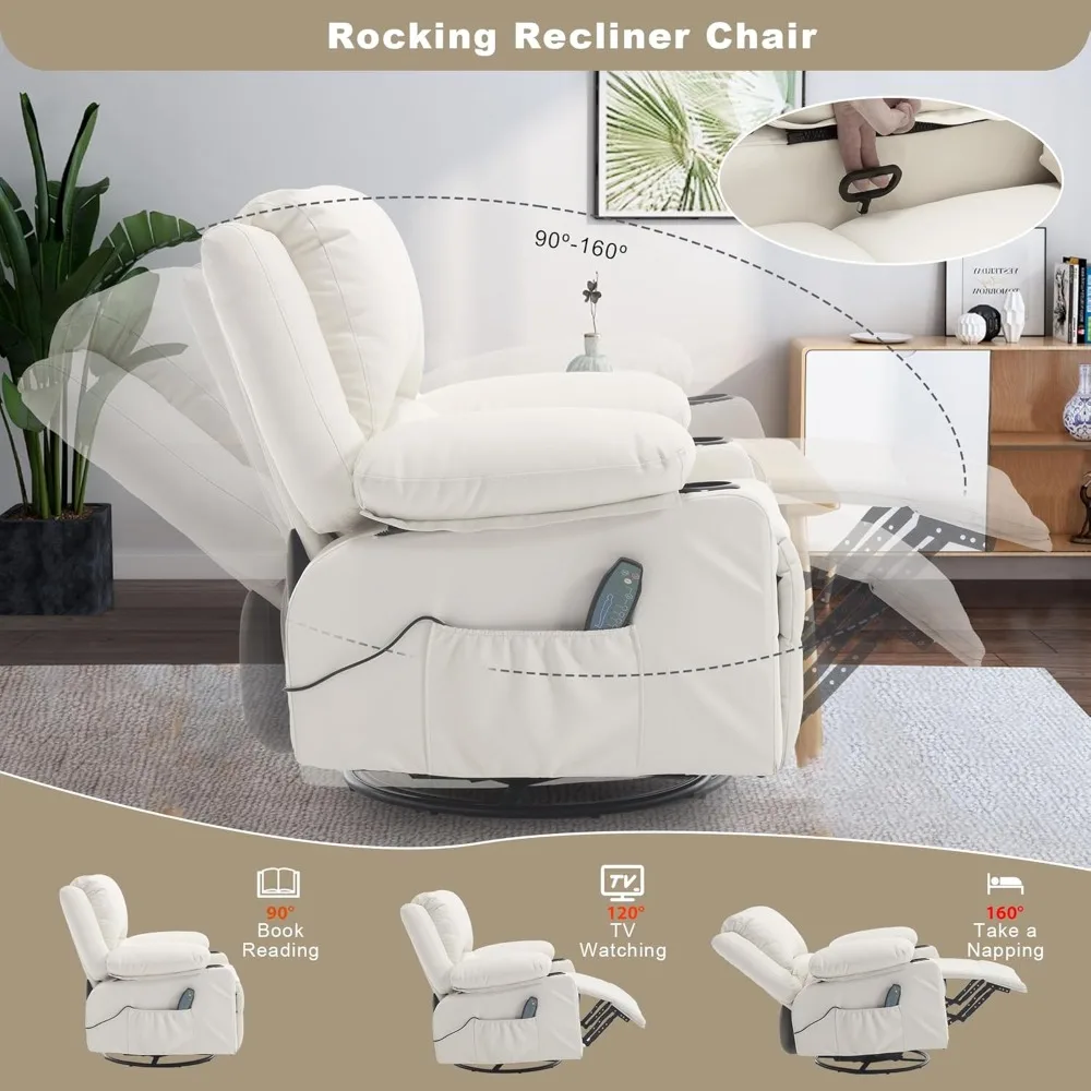 Kursi Pijat Putar Recliner dengan Pemanas Lumbar, Kursi Recliner Kulit PU Tebal untuk Ruang Tamu, Kursi Goyang Tunggal Modern