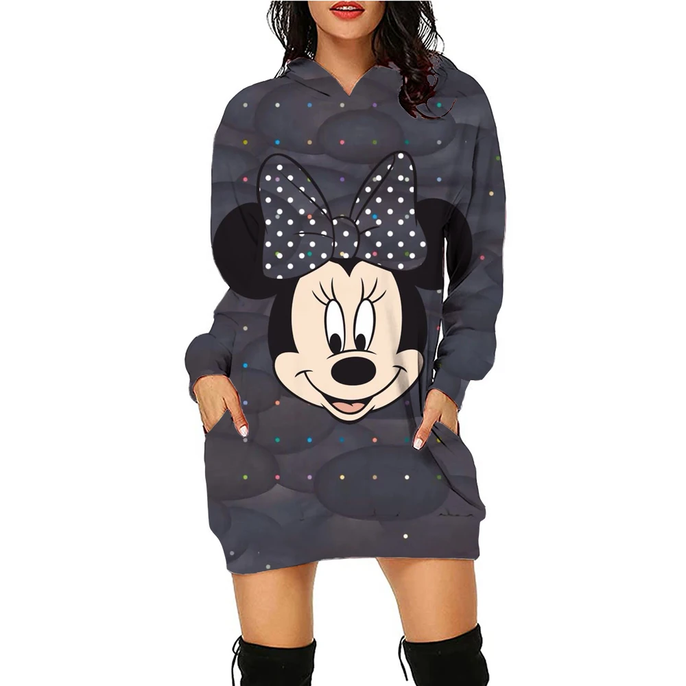 Disney Minnie Mickey Mouse print  Hoodie Dress Women\'s Daily Workout Hoodies Long Sleeve Pullover Autumn Winter Loose Dres