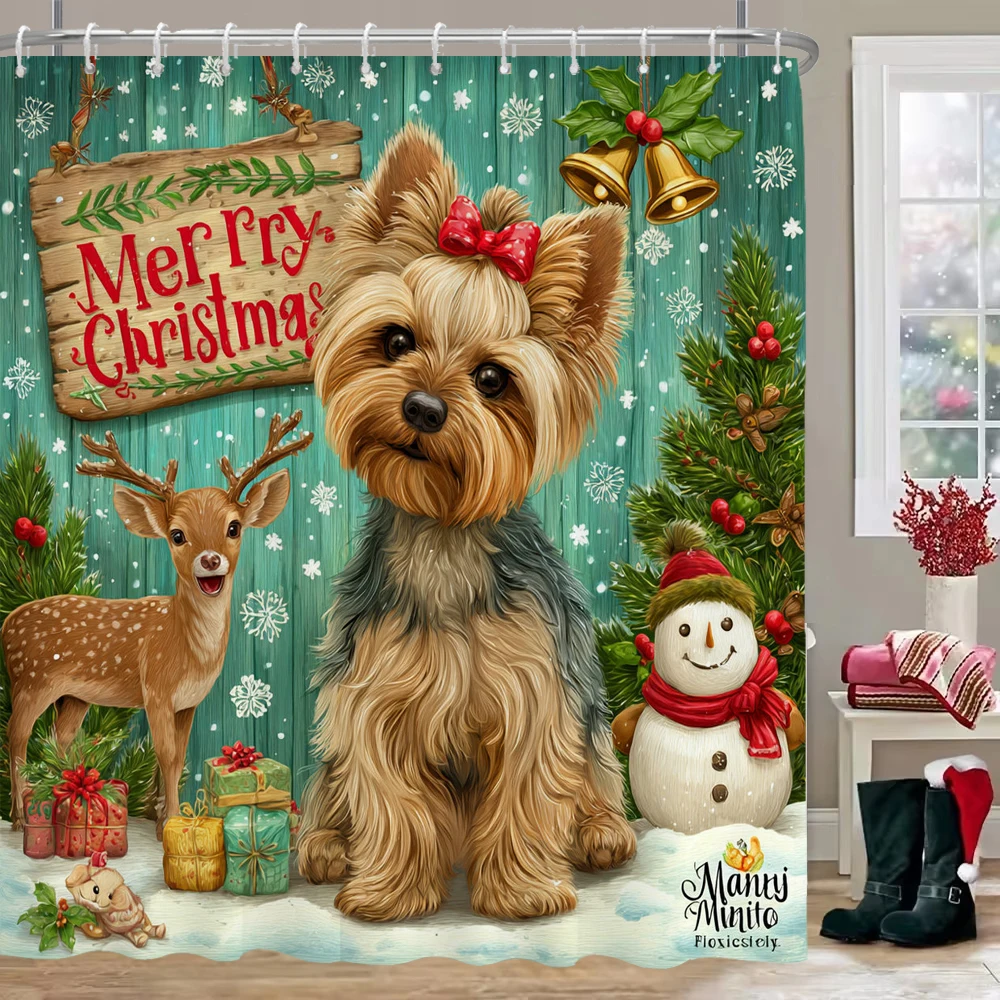 

Christmas Shower Curtain, Bathroom Decoration Cat and dog Christmas Shower Curtain, Merry Christmas Shower Curtain with Hooks