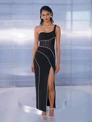 Sexy One Shoulder Mesh Patchwork Diamonds Bandage Dress Women Black Sleeveless Split Long Bodycon Dresses Evening Party Gowns