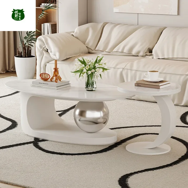 Creative Cream Style Oval Rock Slab Coffee Table Italian Minimalist Living Room Side Table Small Apartment Household