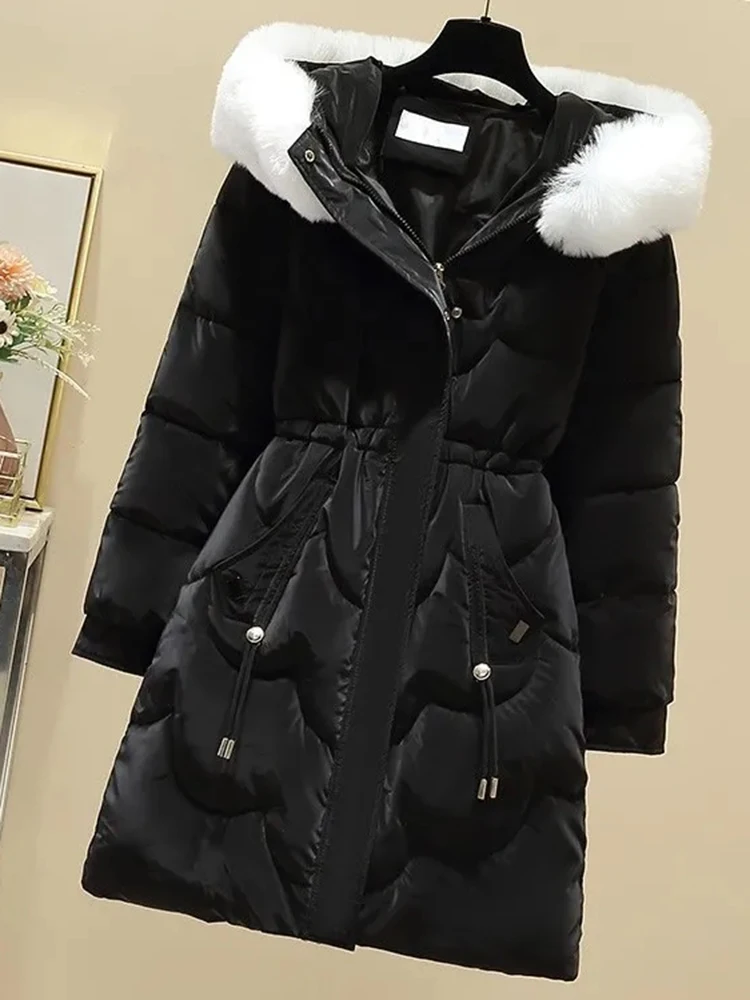 Warm Winter Faux Fur Collar Pink Long Parka Chaqueta Thick Windproof Parca Overcoat Casual Snow Wear Diamond Plaid Women Jaqueta