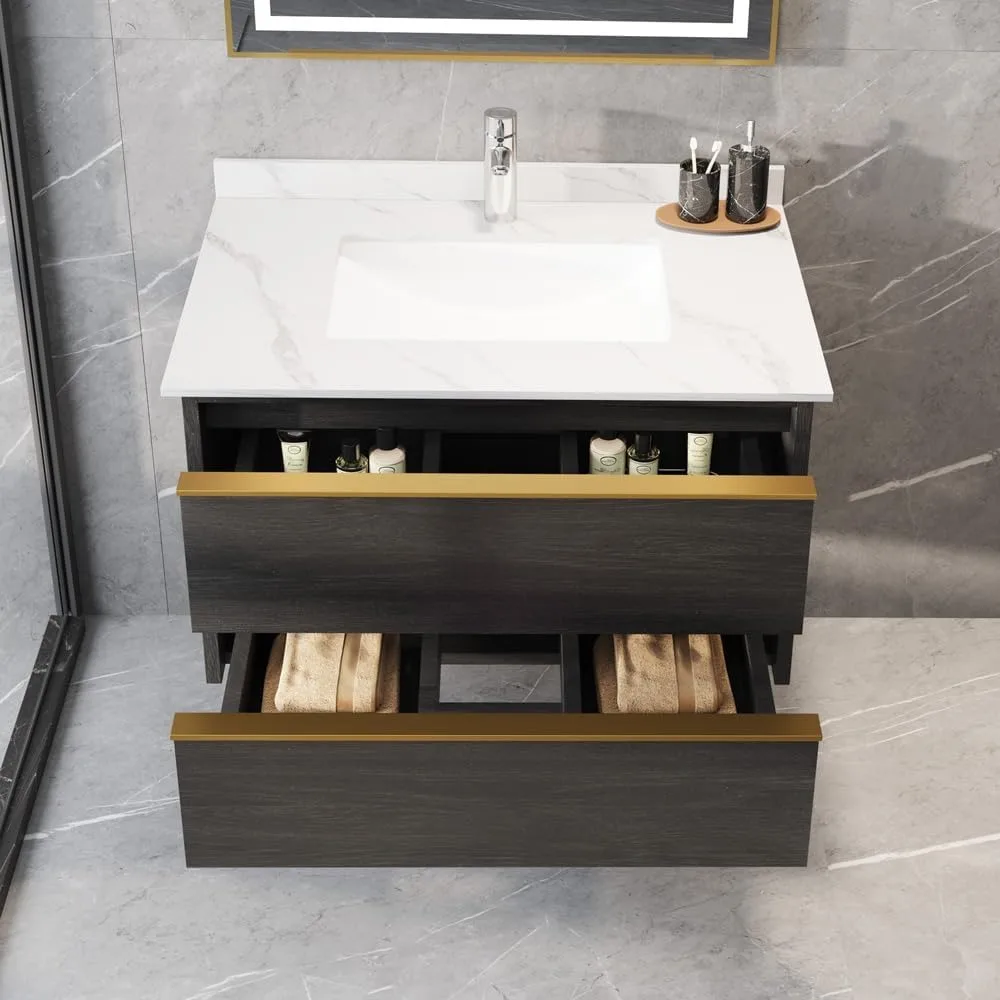 32 Inch Bathroom Floating Vanity , Bathroom Cabinet Includes Sintered Stone Countertop & Integrated Sink, Vanity Ceramic Sink