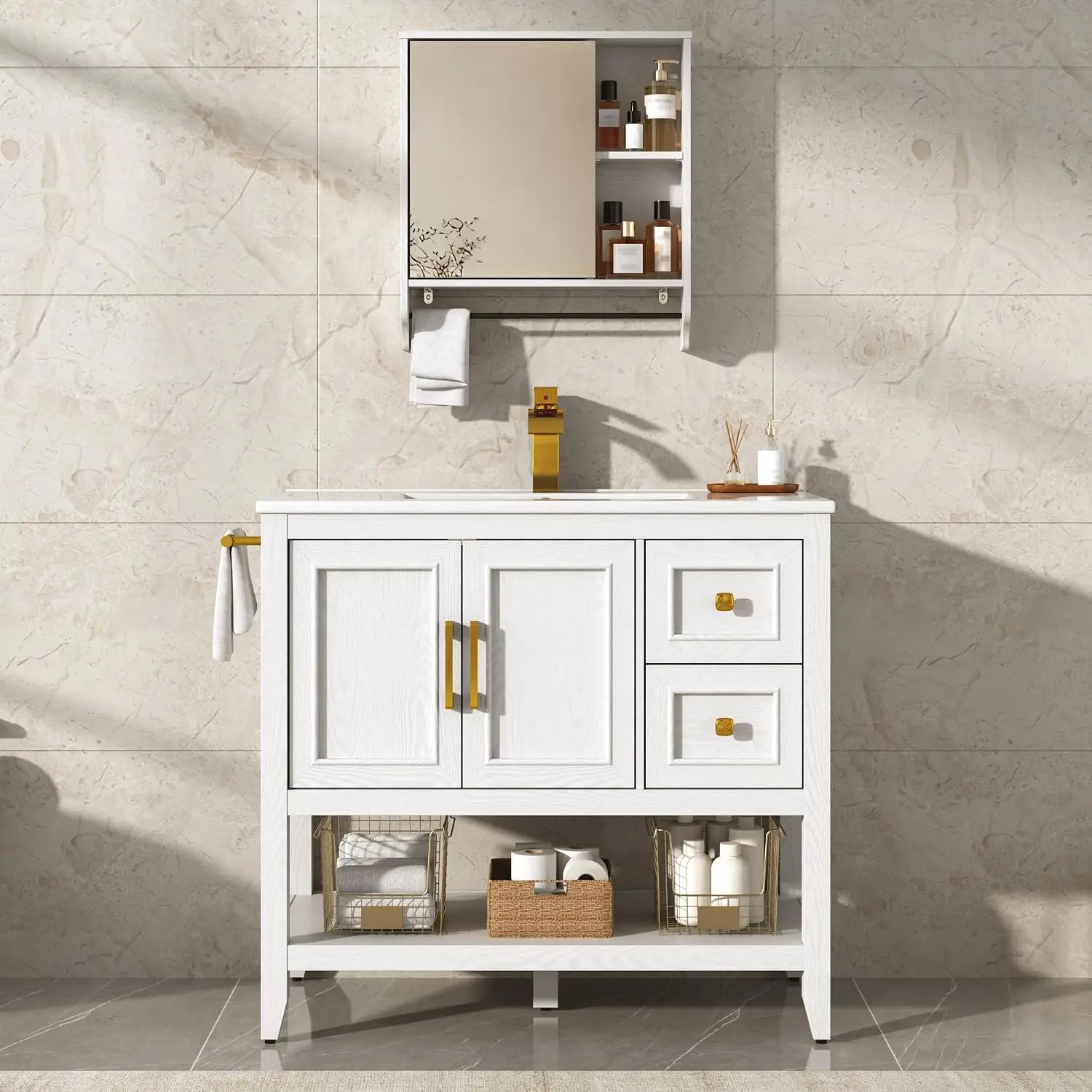 36 Inch Single Sink Bathroom Vanity Set with Faucet & Mirror Cabinet, White, Customized