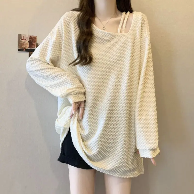 

Waffle Plaid Women Irregular Cold Shoulder Long Sleeve T Shirts Autumn Winter Korean Fashion Sweet All-match 2xl Oversized Tops