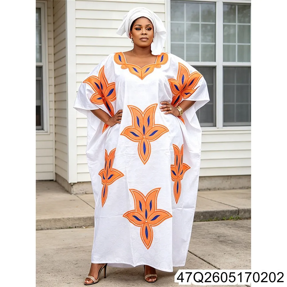 2026 New Fashionable African Embroidered Loose Dress for Women, Plus-size Long Robe Headscarf 47Q26051702