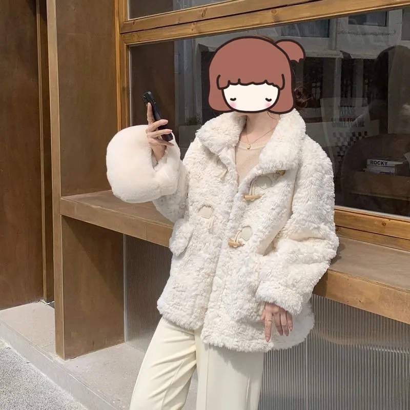 

Women's Loose Fit Rabbit Fur Jaet Autumn Winter New Sle Korean Faion Long Sve Stand Collar Button up PU Leather Coat