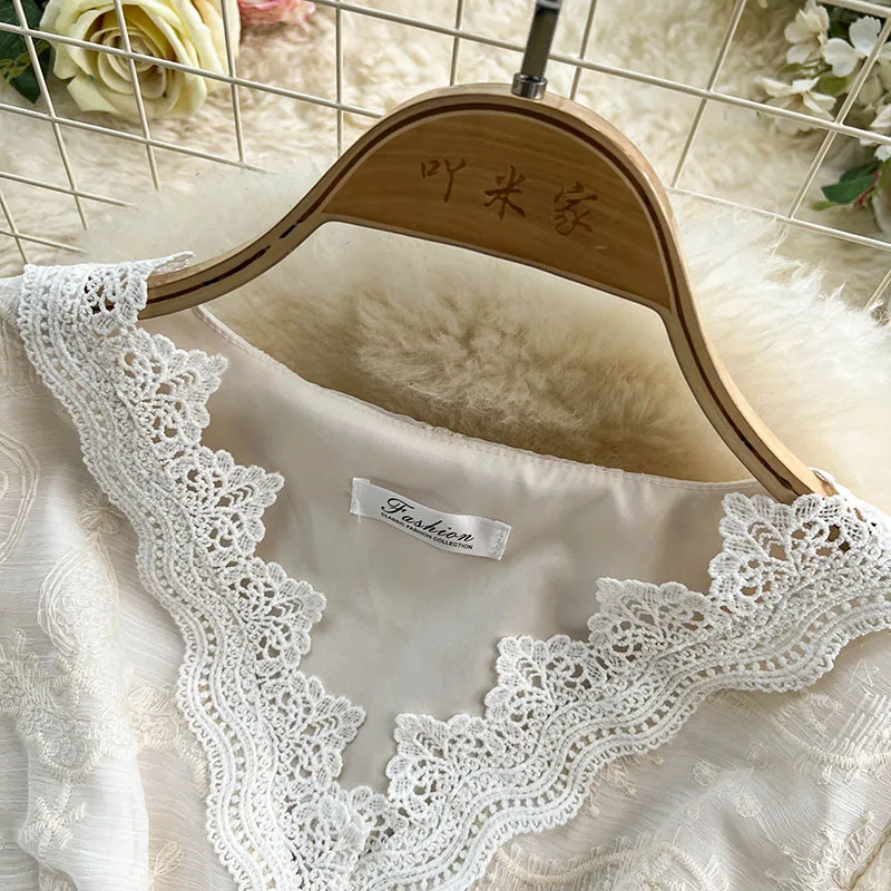 French Elegant Lace Embroidery Women Dress Classic Temperament V-Neck Long Sleeve A-Line Dresses Ladies White Long Dress