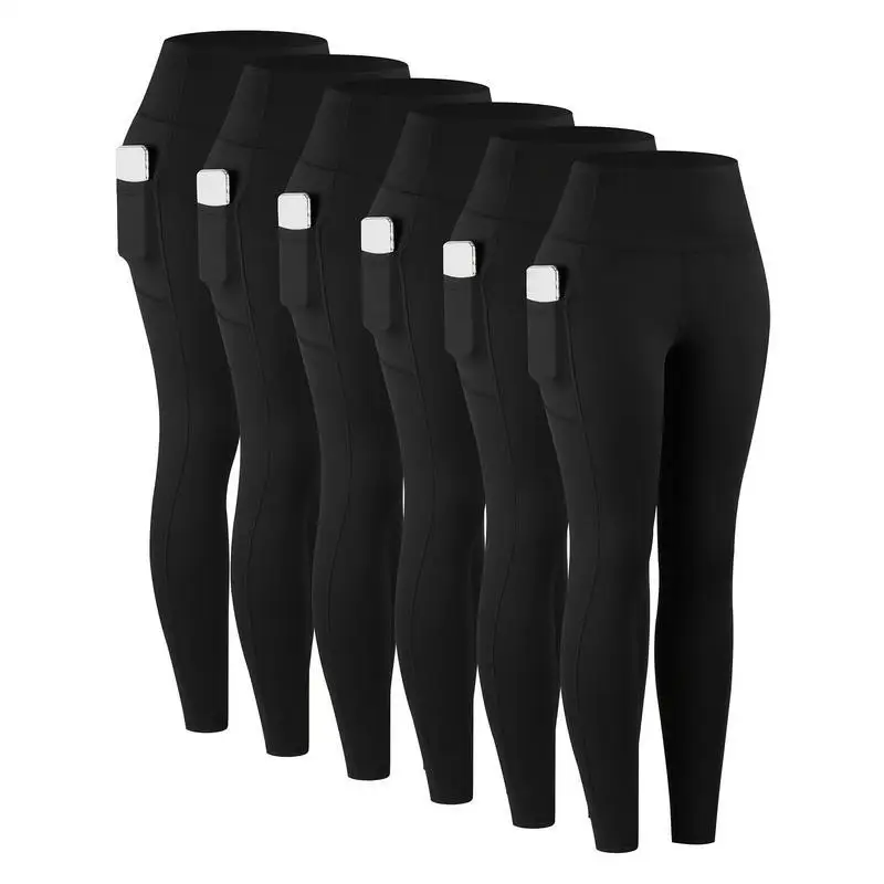 6pcs High Waist Cropped Leggings Women's Pocket Design Base Layer Trousers Neutral Style Spring Collection Fashionable Ladies...