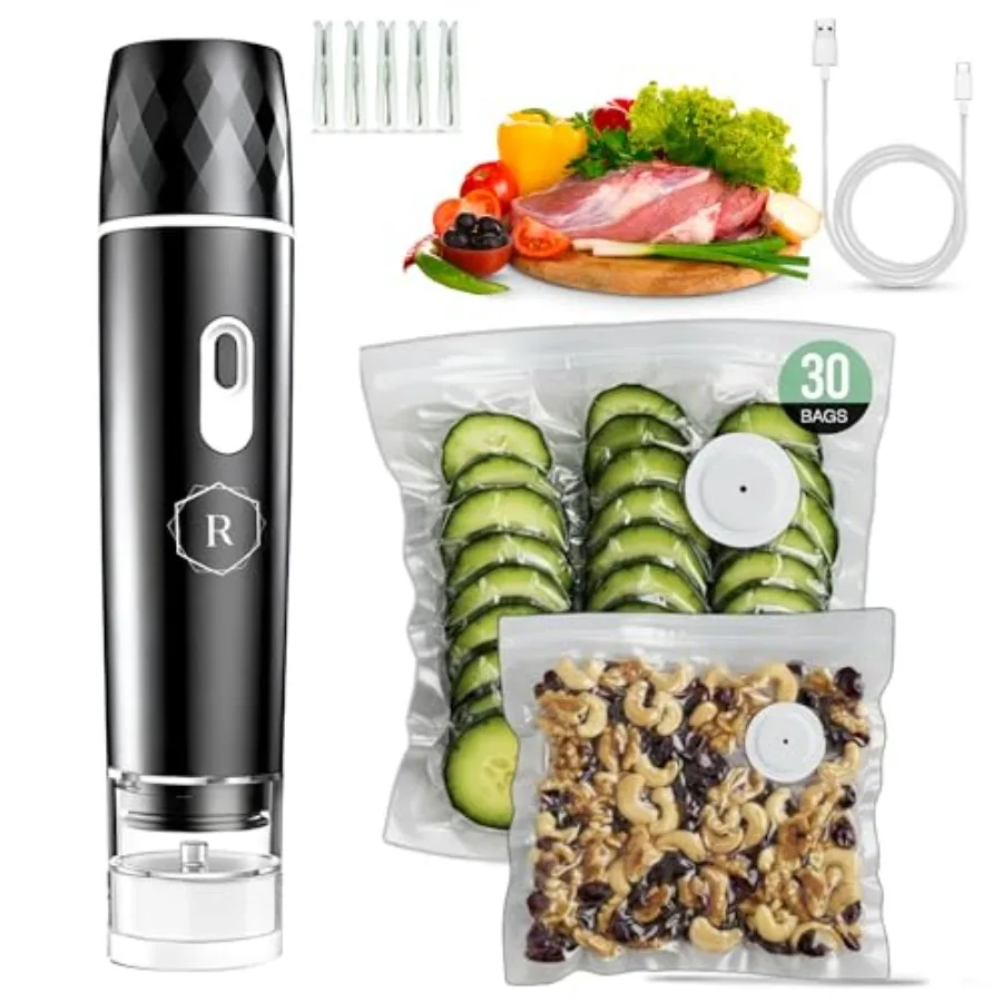 

Компактный вакуумный упаковщик для продуктов - мощный ручной вакуумный упаковщик с 30 многоразовыми пакетами без BPA и 5 зажимами, перезаряжаемый, беспроводной.