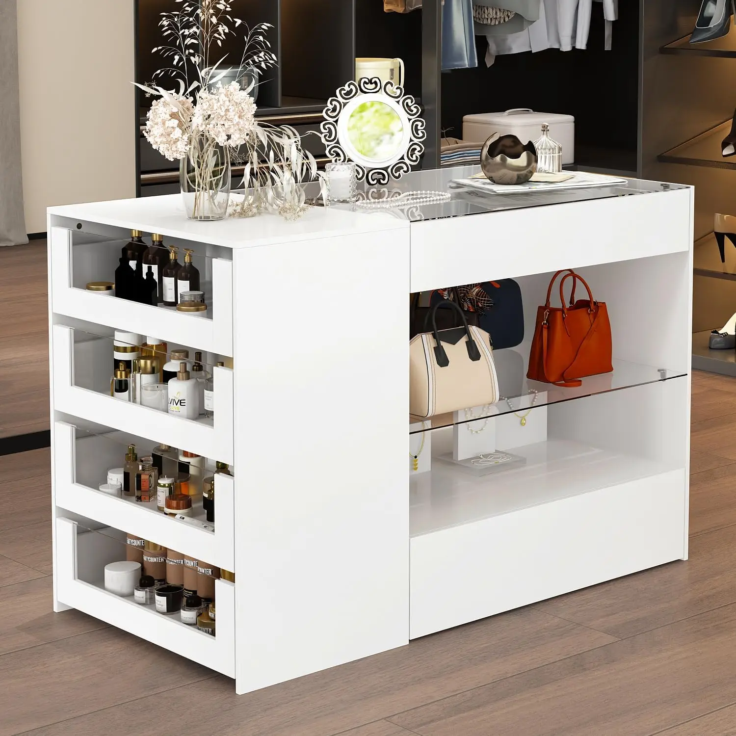 Closet Island CounterGlass Display Cabinet Closet Island, Glass Top Storage Cabinet For Retail, Collectibles Showcase With Draw