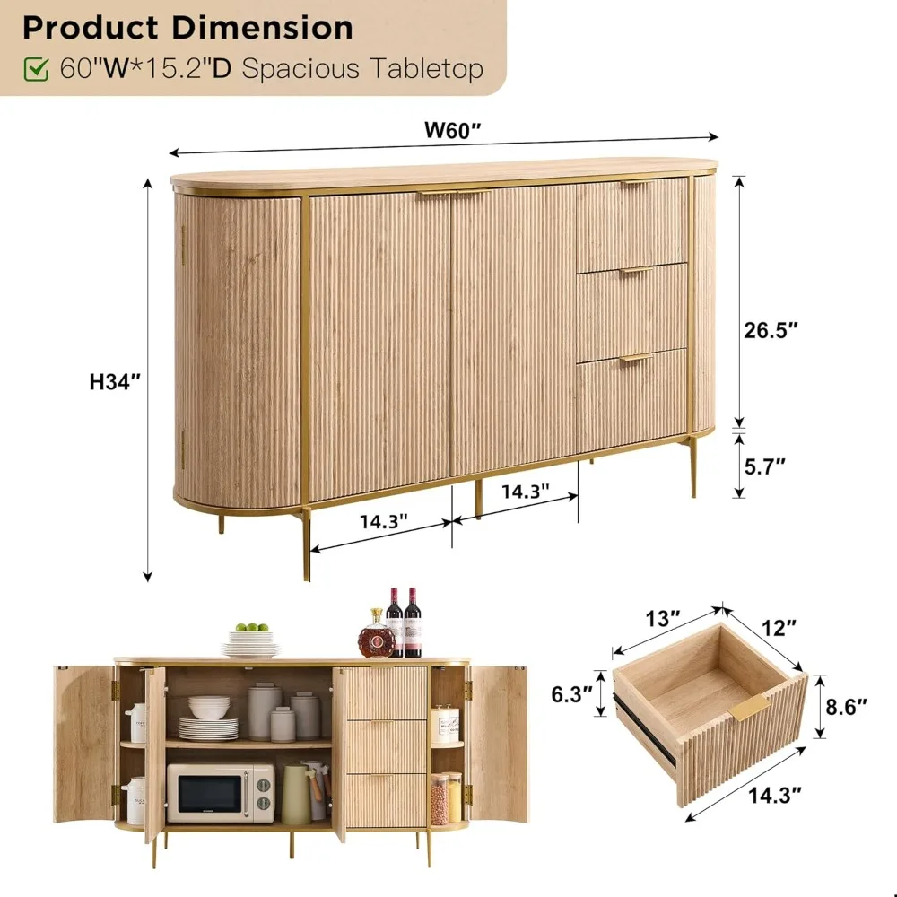 Gecanneleerd dressoir, buffetkast, moderne 60 inch buffettafel koffiebar wijnbar opbergconsolekast,