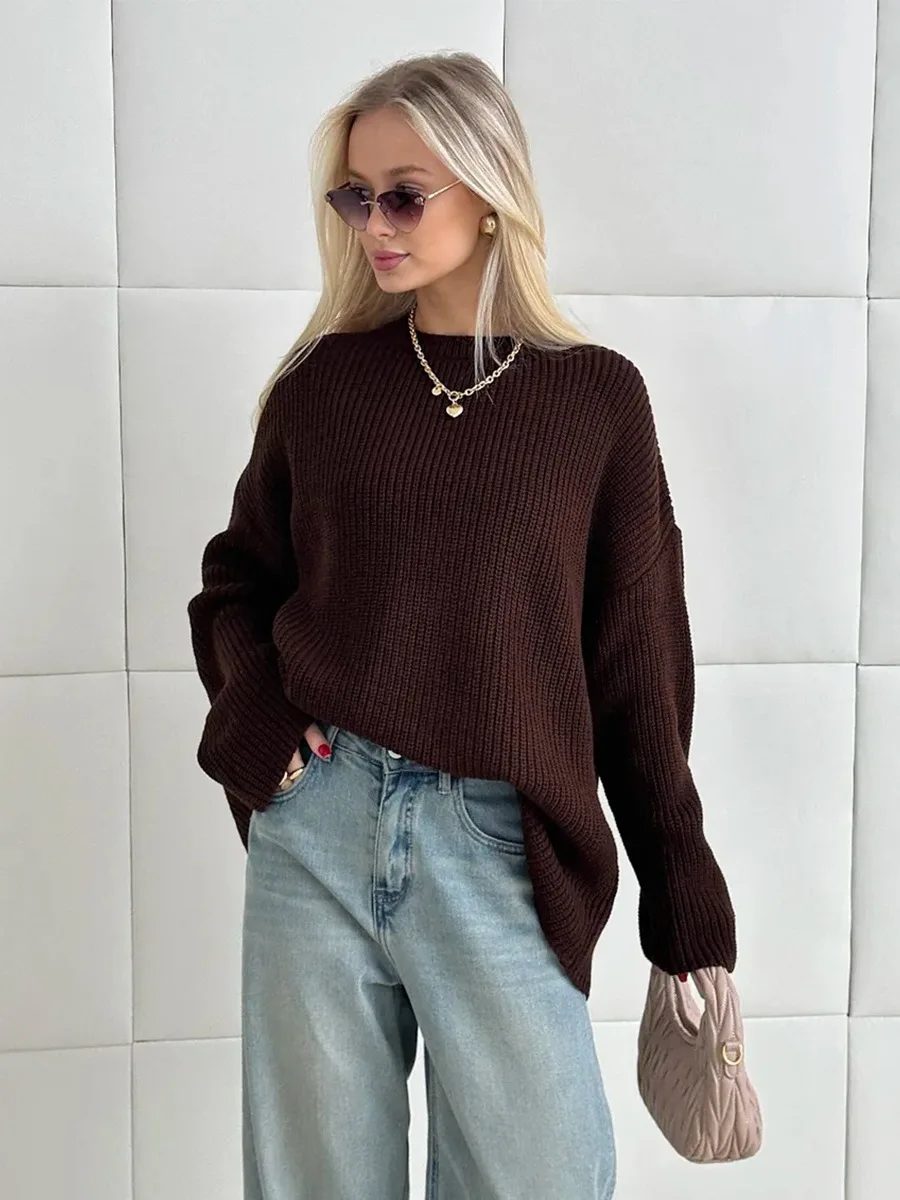 

Blubelle женский зимний свитер, базовый минималистичный однотонный свободный вязаный пуловер с круглым вырезом, мягкие теплые повседневные джемперы