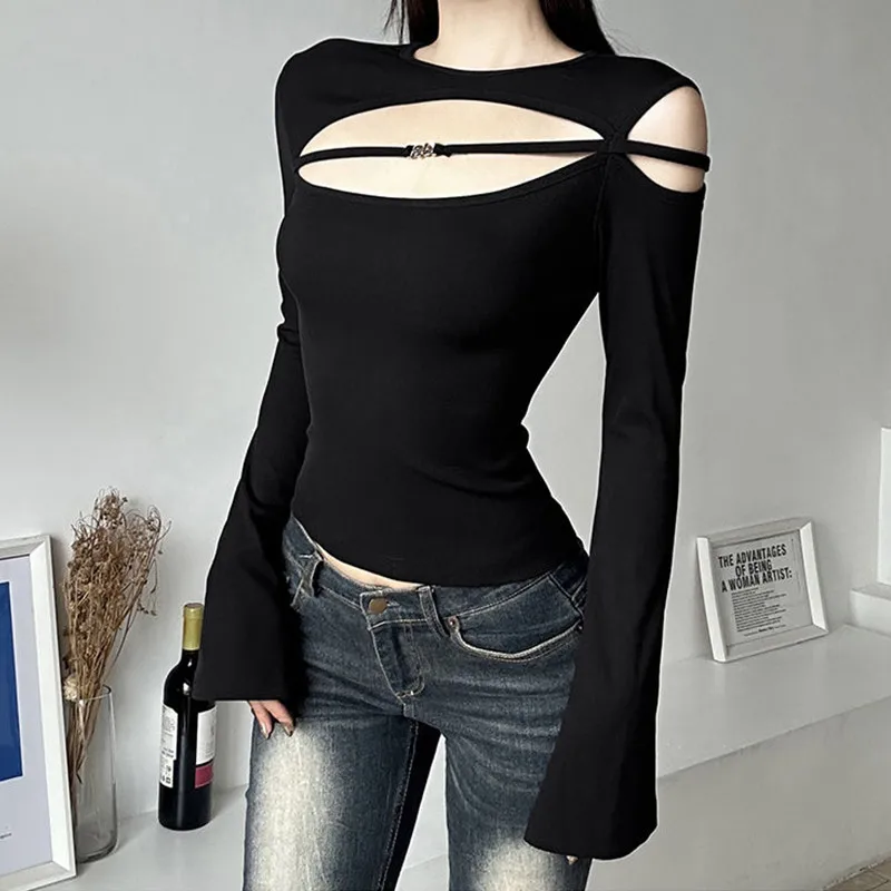 Women's Long Sleeve Top, Black, Casual, Lace Up, Retro Street Clothing, Flare Sleeves, Hollow, Gothic, Summer, New, 2022