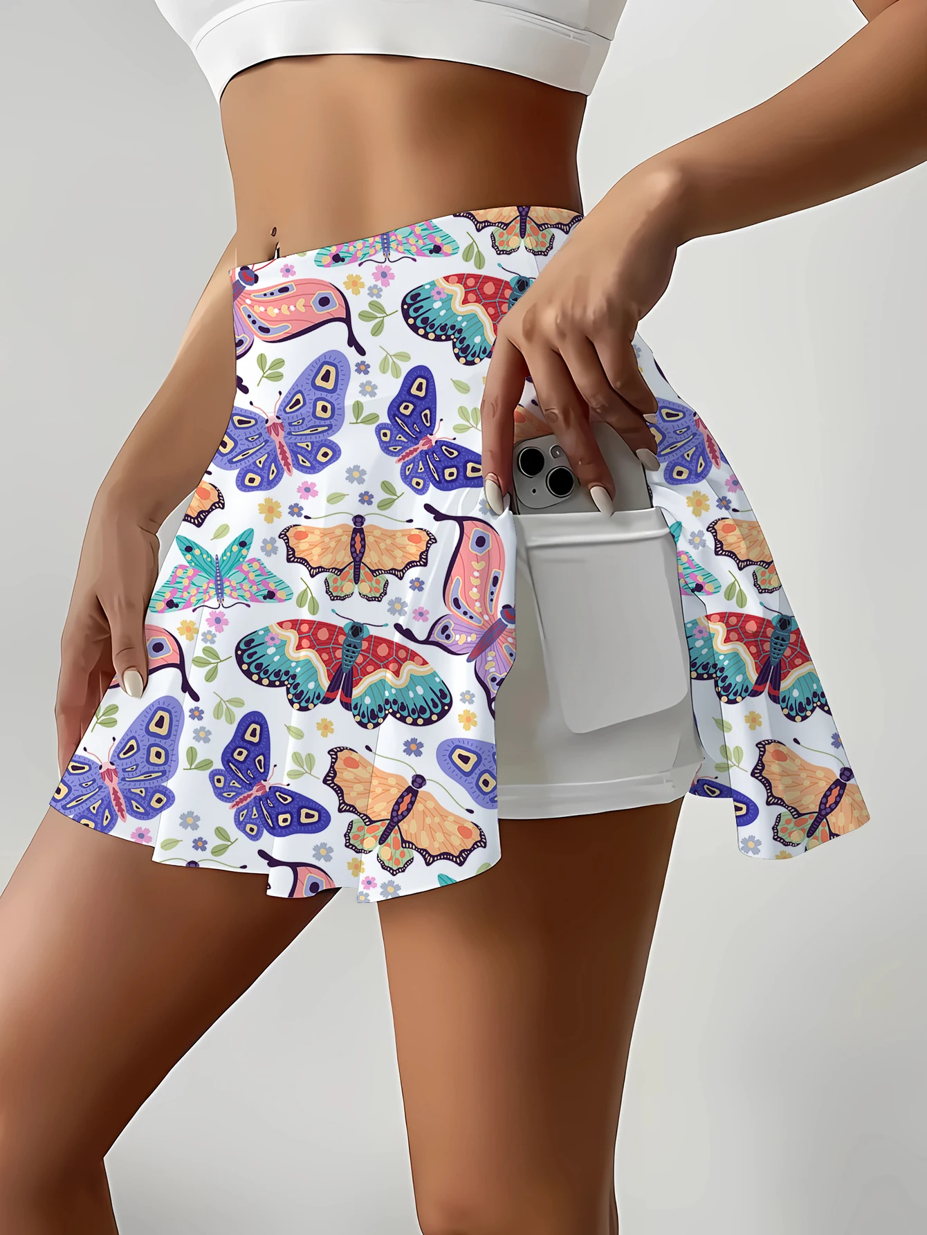 High-Waist Butterfly Print Skirt with Built-In Shorts Elastic Casual Girl Style High Waist Bohemian Skirt